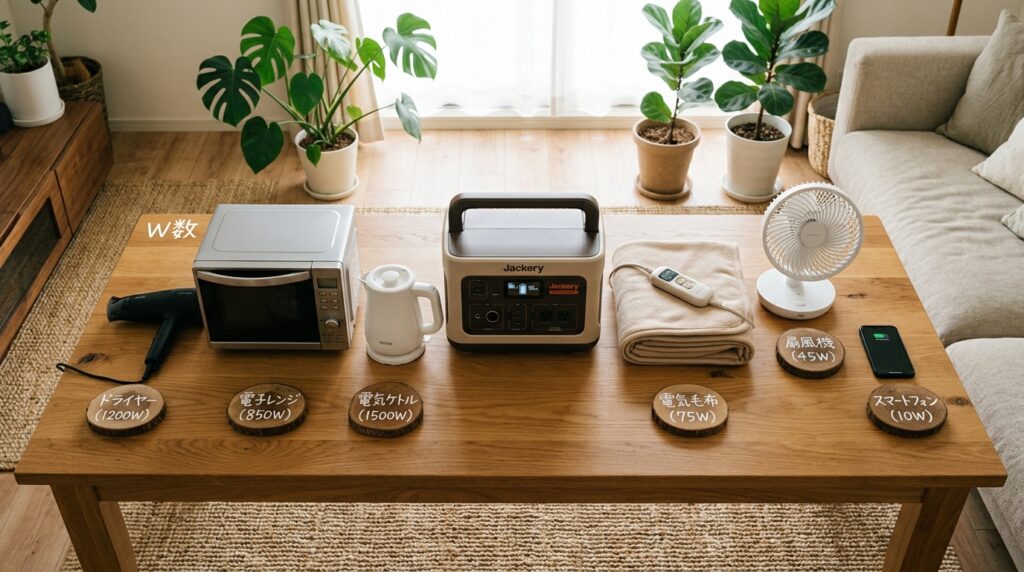 主な家電製品の消費電力とポータブル電源に必要な定格出力の目安