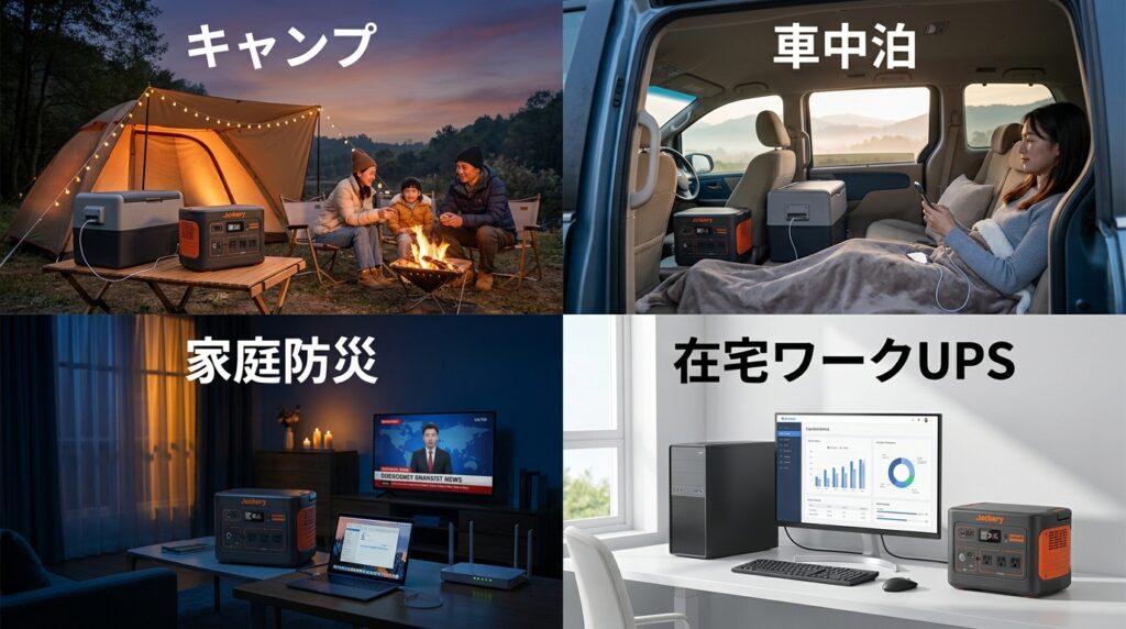 【シーン別】Jackery 1500 Newの活用イメージ|キャンプ・車中泊・防災・在宅