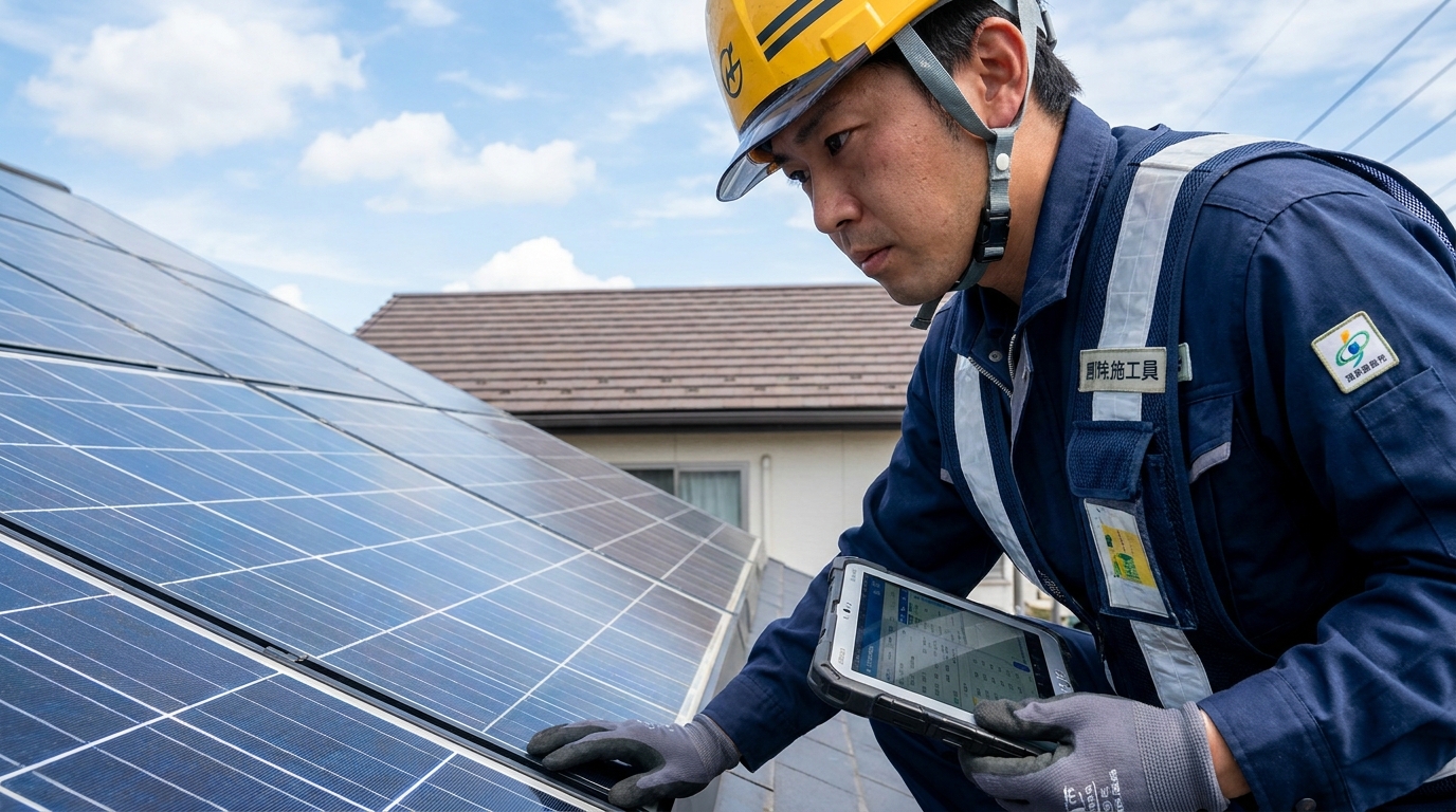 屋根の太陽光パネルを点検する電気工事士