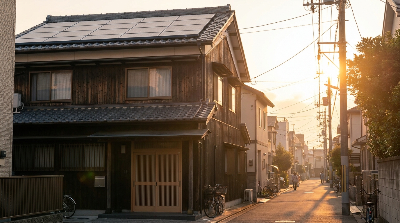 夕暮れの太陽光パネルのある住宅