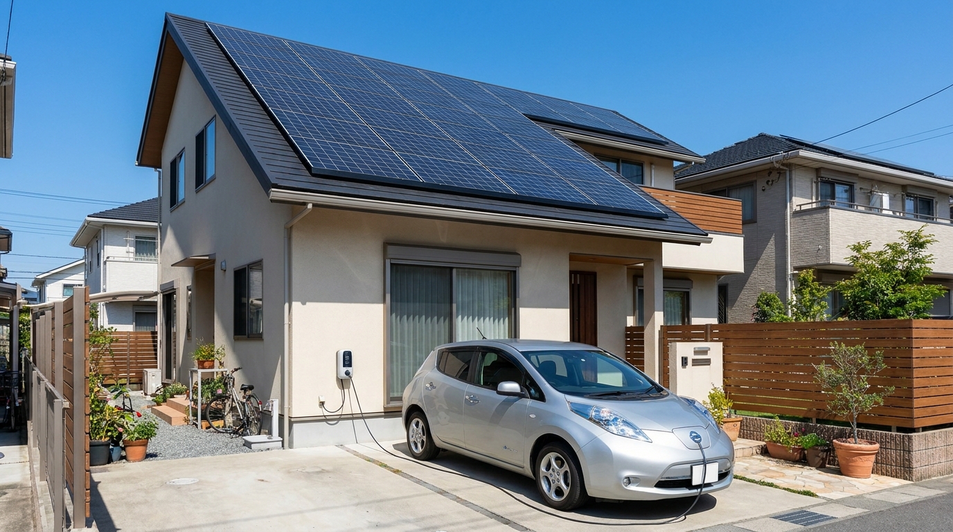 南向きの屋根に太陽光パネルを設置した家とEV