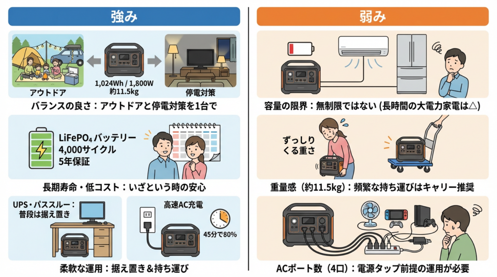 まず強みとして挙げられるのは、1,024Whの容量と1,800W出力を、約11.5kg・コンパクト筐体にまとめているバランスのよさです。1kWhクラスとしては比較的軽量で、キャンプや車中泊に持ち出しやすく、それでいて家庭用の多くの電気製品もカバーできるため、「アウトドアと停電対策を1台で済ませたい」というニーズにマッチしやすい設計といえます。
次に、LiFePO₄バッテリー・4,000サイクル・5年保証という組み合わせは、長期的に見て買い替え頻度を抑えられる“所有コストの安さ”にもつながります。災害用として普段はあまり使わない場合でも、寿命が長いことで「いざという時にバッテリーが劣化していて使えない」というリスクを下げられる点は大きな安心材料です。
また、UPS機能やパススルー充電、高速AC充電（約45分で80％）に対応していることで、「常時接続しておける据え置き電源」と「持ち運べるポータブル電源」の両方の役割をこなせる柔軟さも魅力です。普段はデスク下やテレビボード横に置いて電源タップ代わりに使い、キャンプや車中泊のときだけ持ち出す、といった運用もしやすくなっています。
一方で弱みとして意識しておきたいのは、まず容量1,024Whが「無制限に家電を動かせる容量ではない」という点です。1〜2泊のキャンプや、数時間〜半日の停電対策には十分でも、冷蔵庫やエアコンなどを長時間まかなうには、どうしても容量が足りなくなる場面が出てきます。長期停電を前提とするなら、上位容量モデルや複数台運用も選択肢に入れる必要があります。

また、約11.5kgという重量は1kWhクラスとしては軽量な部類ですが、頻繁に持ち運ぶには「それなりにずっしりくる重さ」です。車への積み下ろしや、駐車場からテントサイトまでの距離が長いキャンプ場などでは、キャリーカートや収納ケースの活用を前提に考えたほうが快適に使えます。

さらに、出力ポートは11口と十分な数があるものの、ACコンセントは4口に限られるため、AC家電を多く同時利用したい場合は電源タップやUSBハブとの組み合わせが前提になる点も押さえておきたいところです。多人数のファミリーキャンプなどでAC機器を多数つなぎたい場合には、どの機器をUSB給電に切り替えるかといった計画も必要になります。
