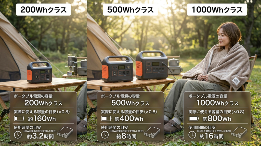 ポータブル電源と電気毛布の容量