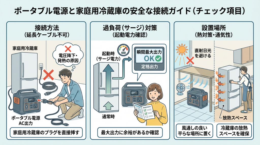 ポータブル電源と家庭用冷蔵庫の安全な接続ガイド