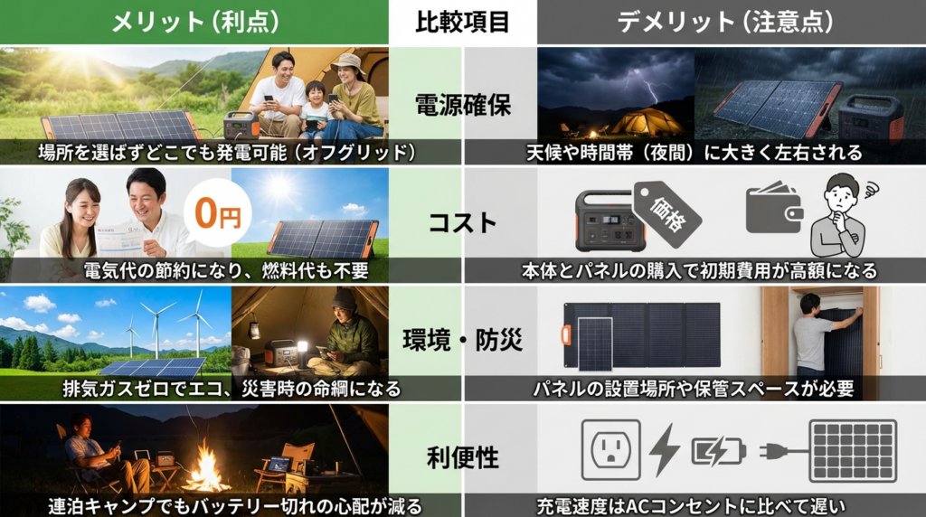 ソーラーパネル充電のメリットとデメリットまとめ