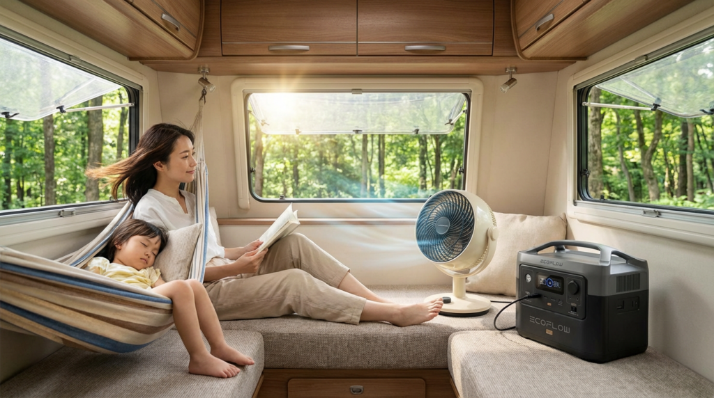 夏場：サーキュレーターや冷風扇を併用して体感温度を下げる
