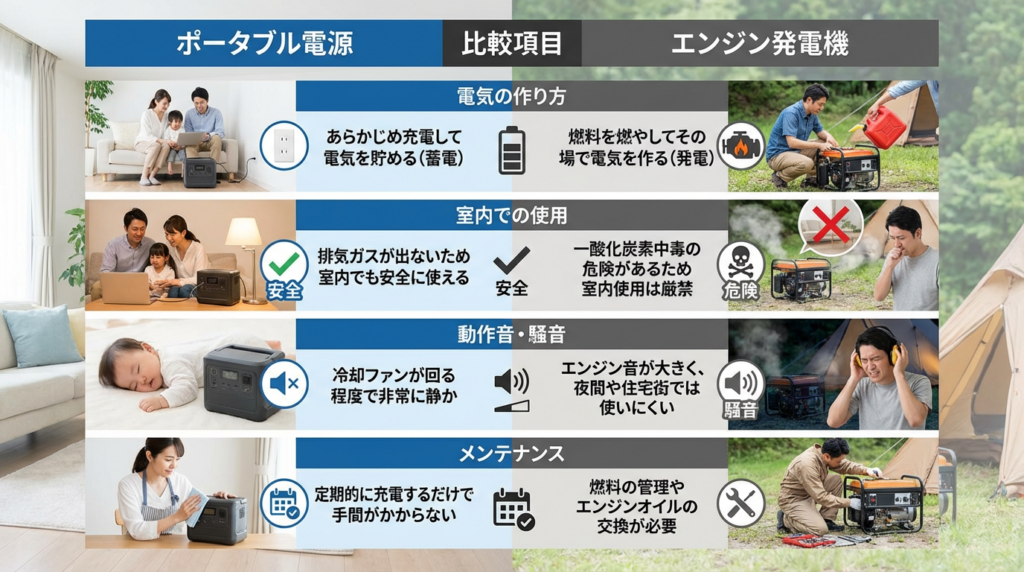 ポータブル電源とエンジン発電機の比較