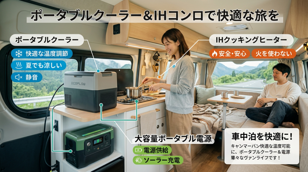 ポータブルクーラーやIHコンロで快適な旅を