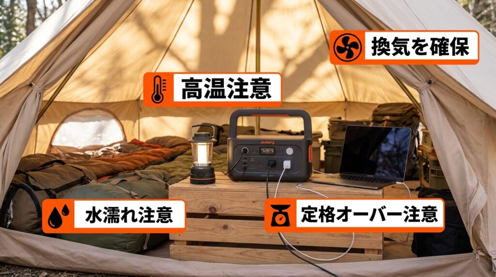 キャンプでポータブル電源を使うときの注意点|安全に使うために