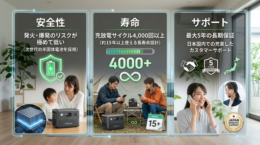 ダブソンのポータブル電源は「安全性」と「長寿命」が強み