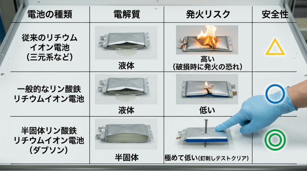 従来のリチウムイオン電池との違いと圧倒的な安全性