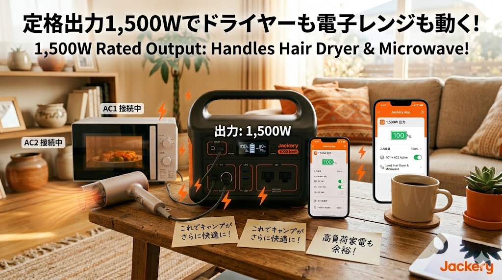 定格出力1,500Wでドライヤーも電子レンジも動く