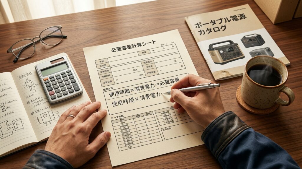 家電別の必要容量（Wh）と定格出力（W）早見表