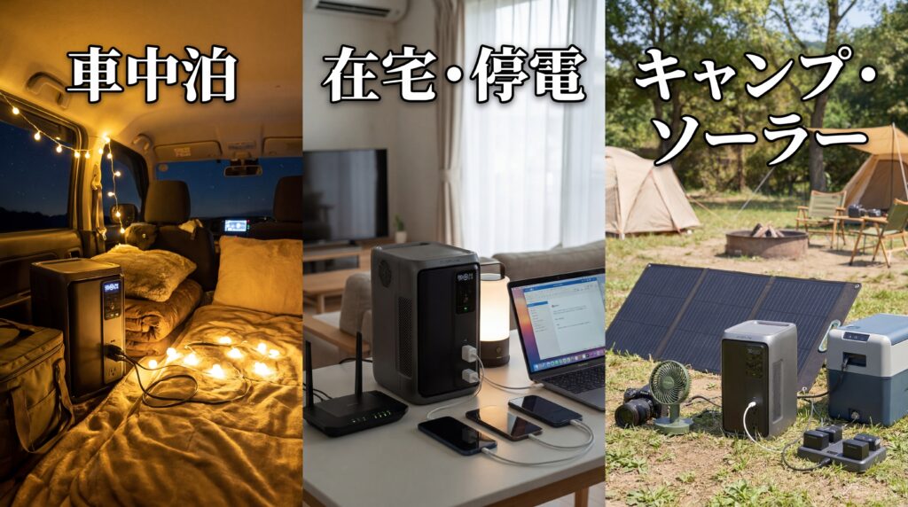 【シーン別】EcoFlow DELTA 3 2000 Airの活用イメージ|車中泊・在宅停電・キャンプ