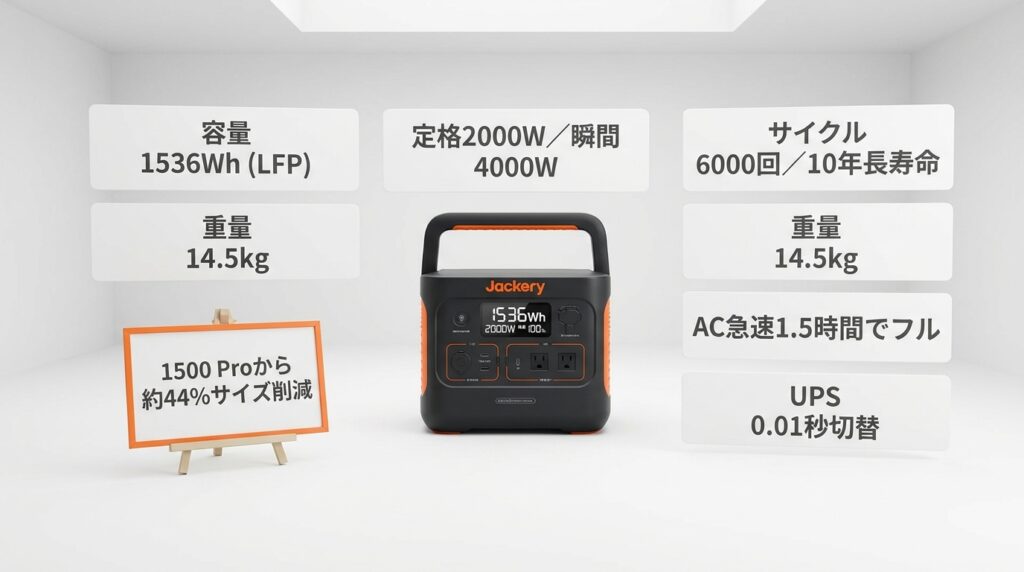 Jackery 1500 Newの基本スペックと特徴|1000〜1500Whクラス最小ボディの正体