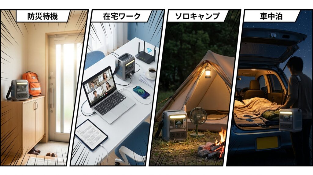 【シーン別】Anker Solix C300の活用イメージ|防災・在宅・ソロキャンプ・車中泊