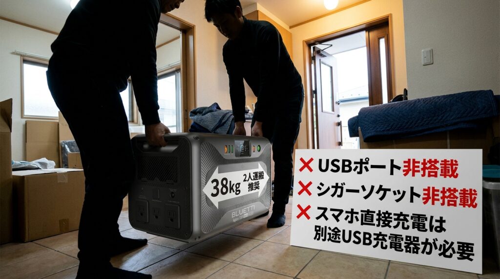 BLUETTI Apex 300の悪い口コミ・デメリット｜USBポート非搭載と38kgの注意点