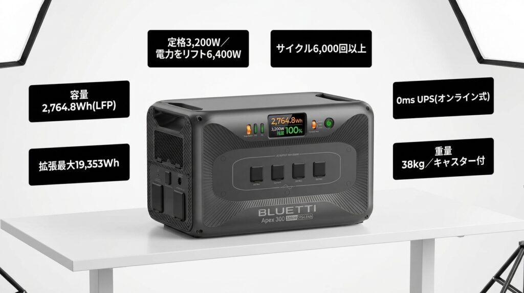 BLUETTI Apex 300の基本スペックと特徴｜2,764.8Wh×3,200W×0ms UPS搭載モジュラー設計の正体