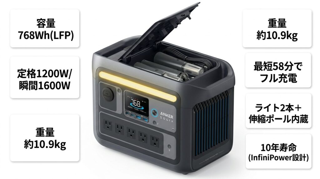 Anker Solix C800 Plusの基本スペックと特徴|700Wh帯最強1200W出力の正体