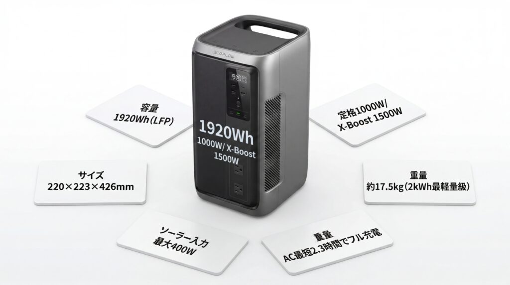 EcoFlow DELTA 3 2000 Airの基本スペックと特徴|縦長×17.5kg・2kWhクラス最軽量級の正体