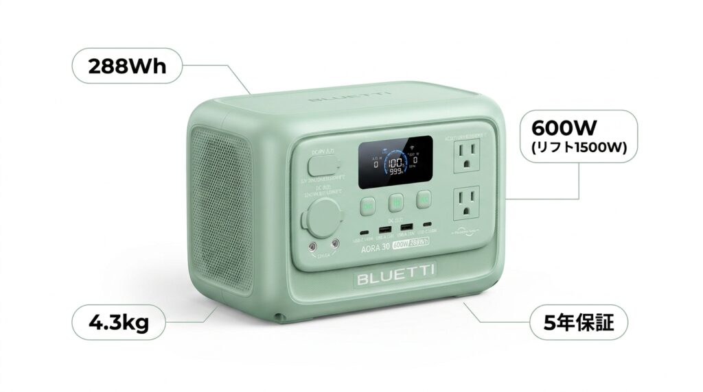 BLUETTI AORA 30 V2の基本スペック表【288Wh/600W/4.3kg】