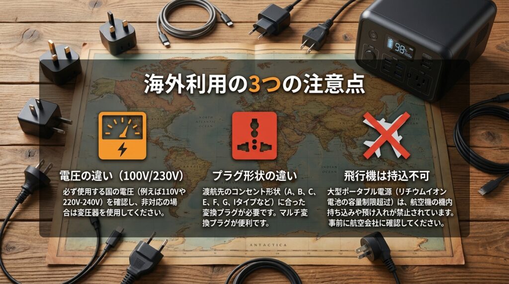 海外でポータブル電源をレンタル・利用するときの注意点｜電圧・プラグ・航空機制限