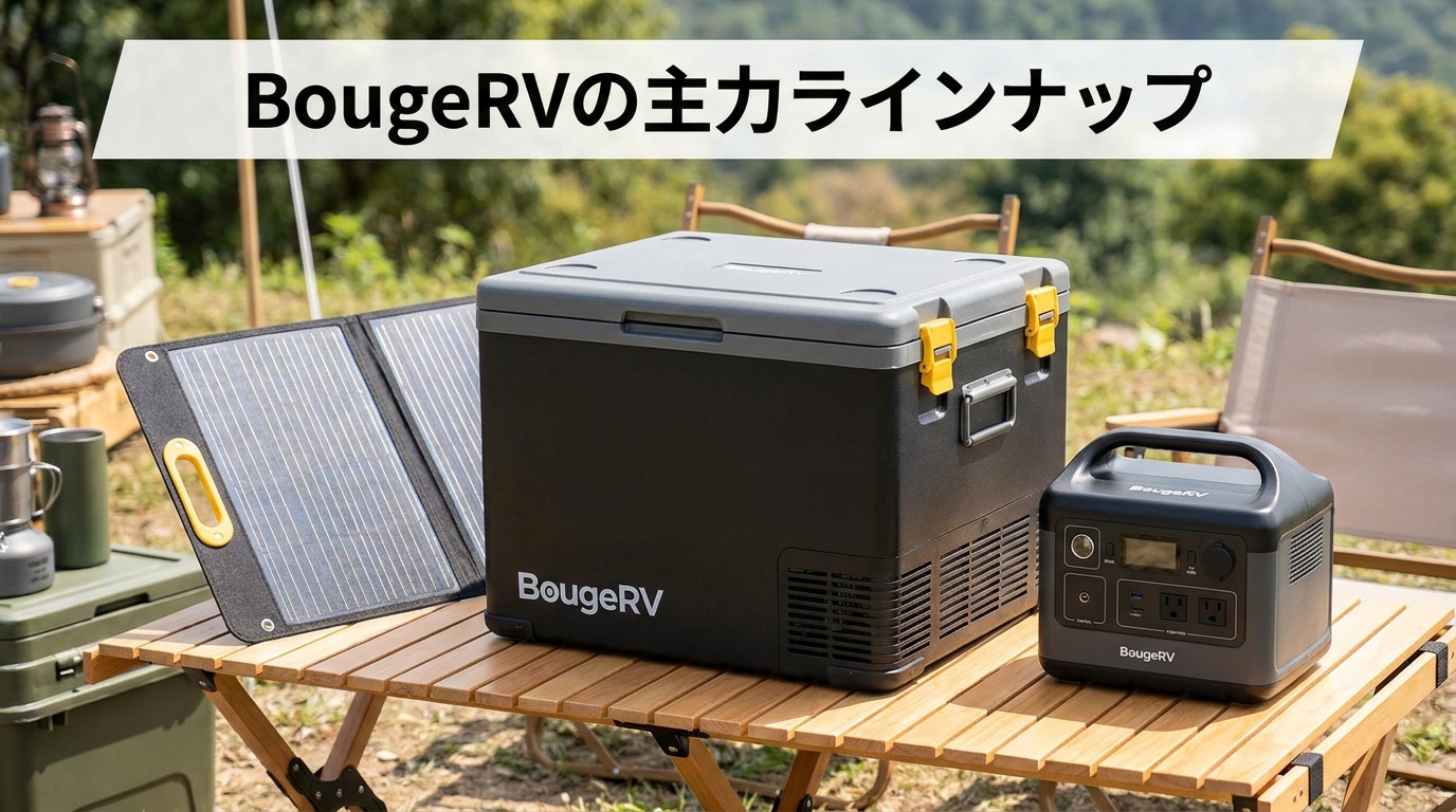 BougeRVの冷蔵庫シリーズとポータブル電源・ソーラーなど主力ラインナップを並べたイメージ