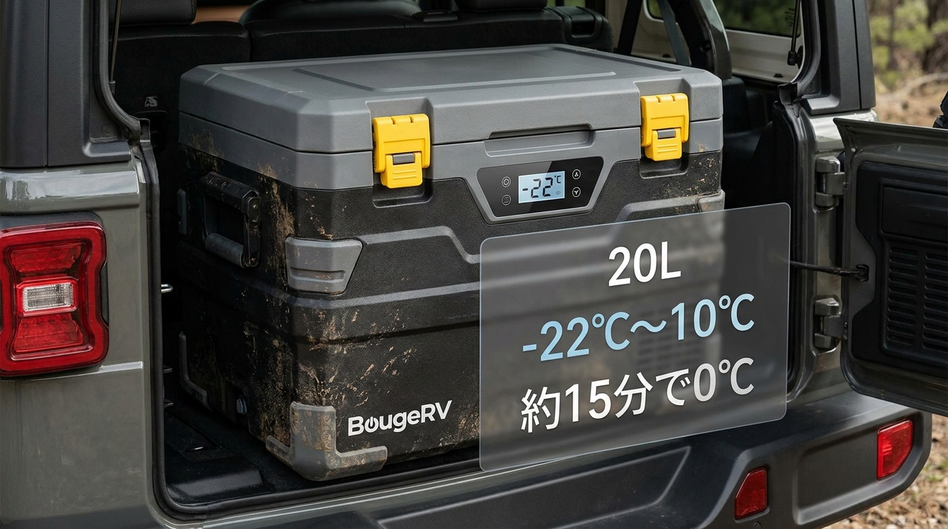 ダークグレー×ブラックに黄色いラッチのBougeRV CR Pro 20L車載冷蔵庫のスペックを紹介するイメージ