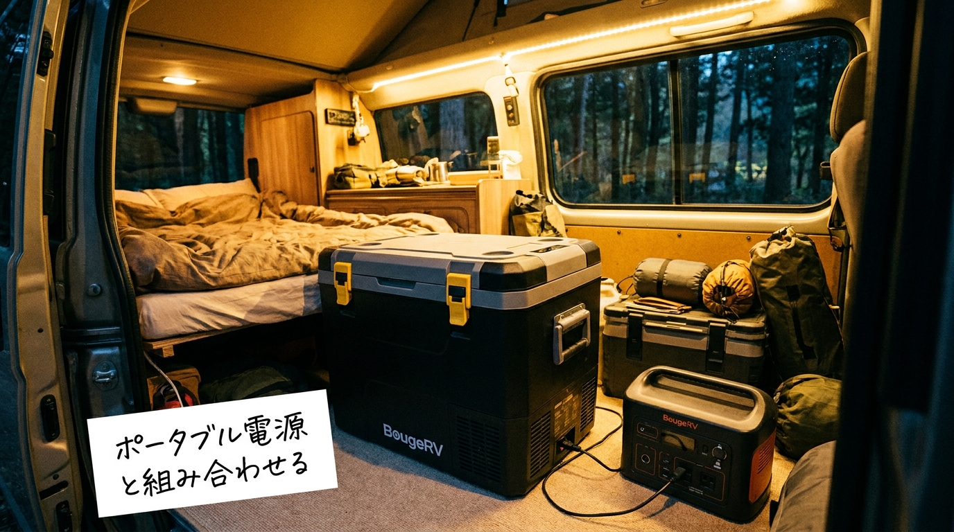 BougeRVの車載冷蔵庫をポータブル電源とつないで車中泊で使う組み合わせのイメージ