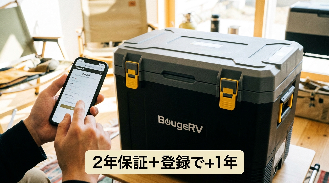 BougeRVの2年保証と公式登録による延長、日本の問い合わせ窓口を整理したイメージ