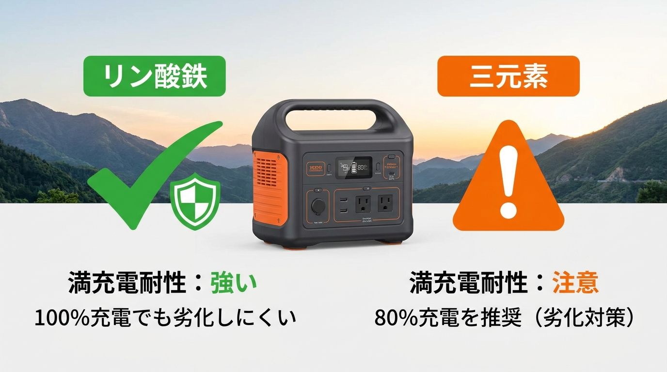 リン酸鉄リチウムと三元素リチウムの満充電耐性の違いのイメージ