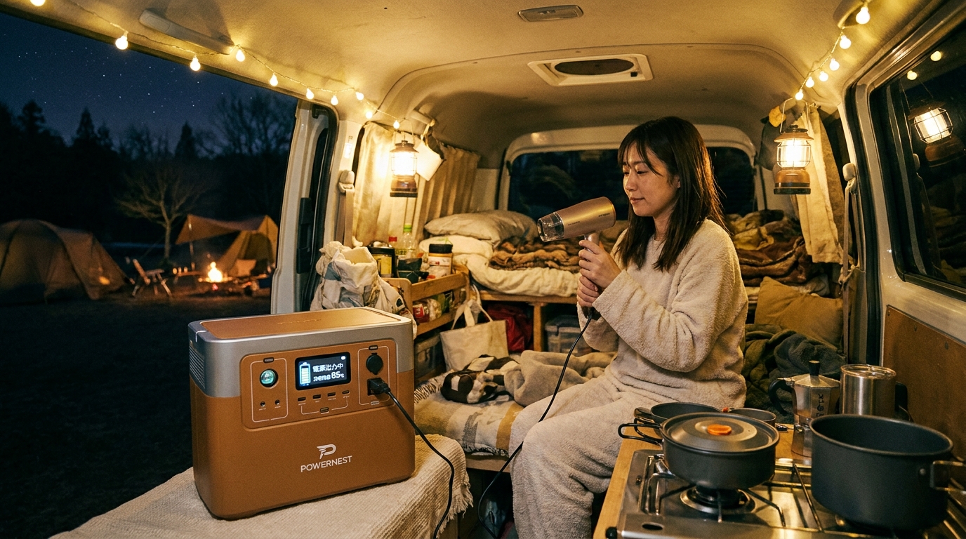 車中泊や防災でポータブル電源からドライヤーを使うイメージ