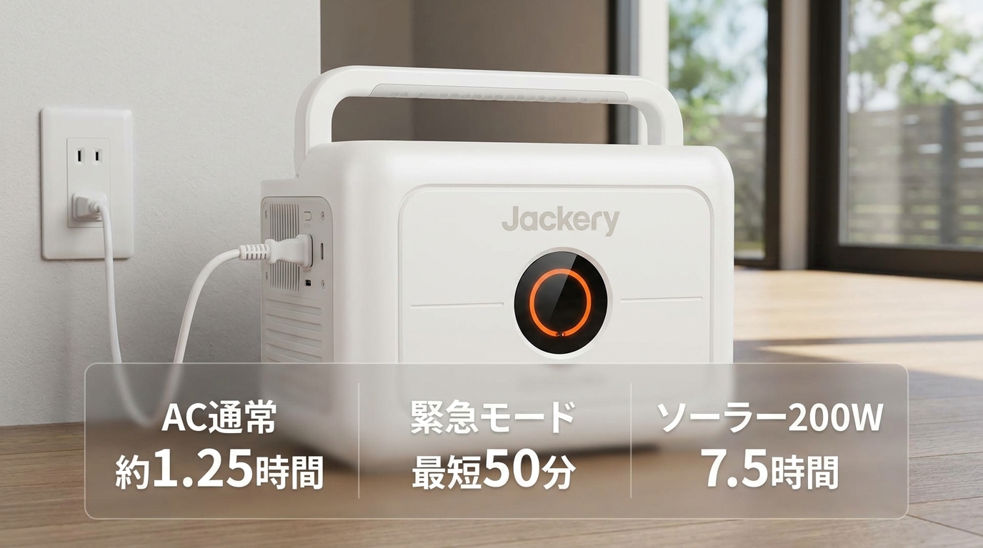 1000 New V3をコンセントとソーラーパネルで充電する方法と時間を示したイメージ