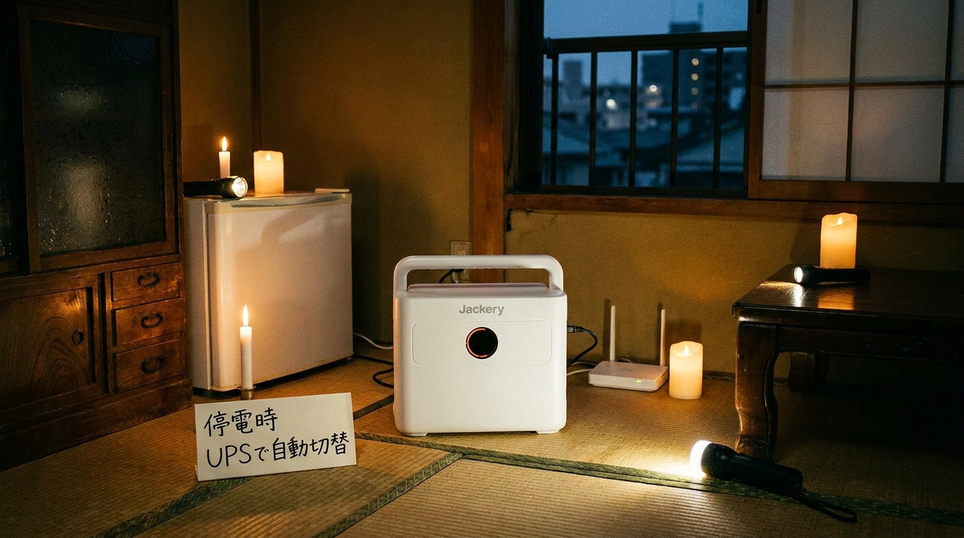 停電の瞬間にUPS機能が冷蔵庫への給電を自動で引き継ぐ仕組みのイメージ
