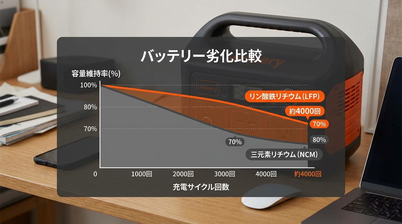 Jackeryのサイクル寿命と容量維持率の比較イメージ