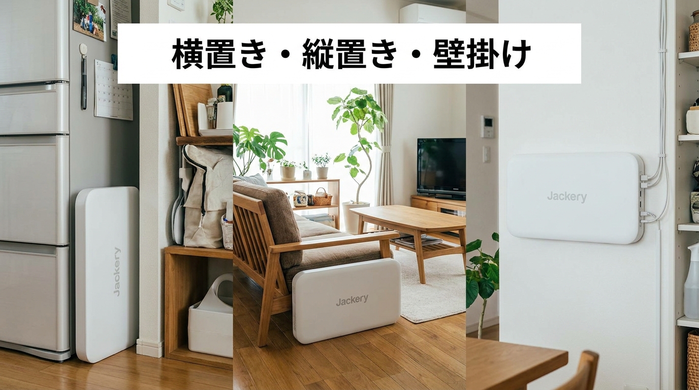厚さ67mmのSlimPower H1を冷蔵庫の横の隙間に設置したイメージ