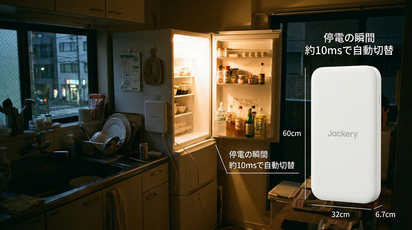 停電の瞬間にUPS機能が冷蔵庫への給電を自動で引き継ぐ仕組みのイメージ