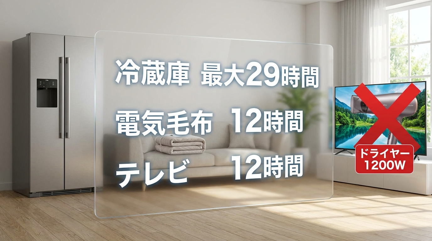 SlimPower H1で冷蔵庫や電気毛布を動かせる時間を家電別に比較したイメージ