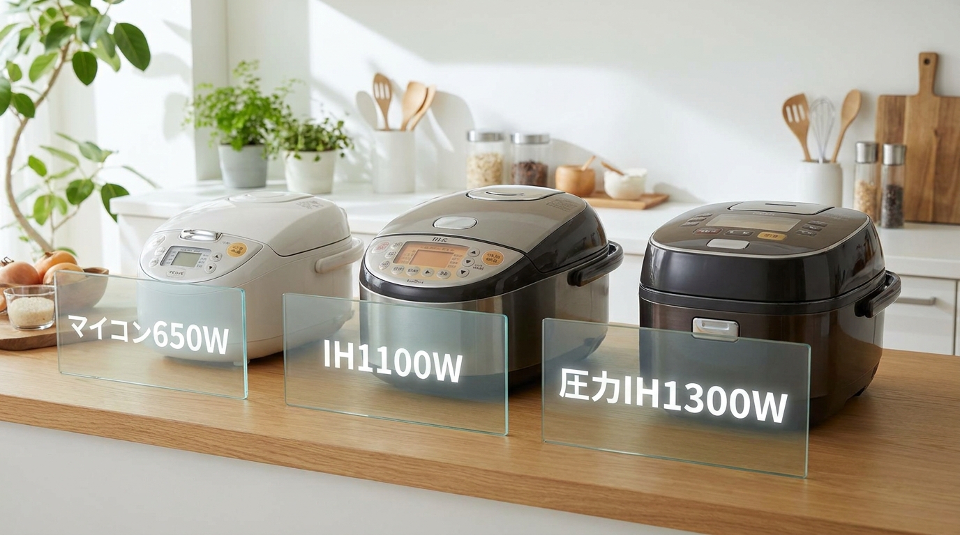 炊飯器の種類別の消費電力を比較するイメージ
