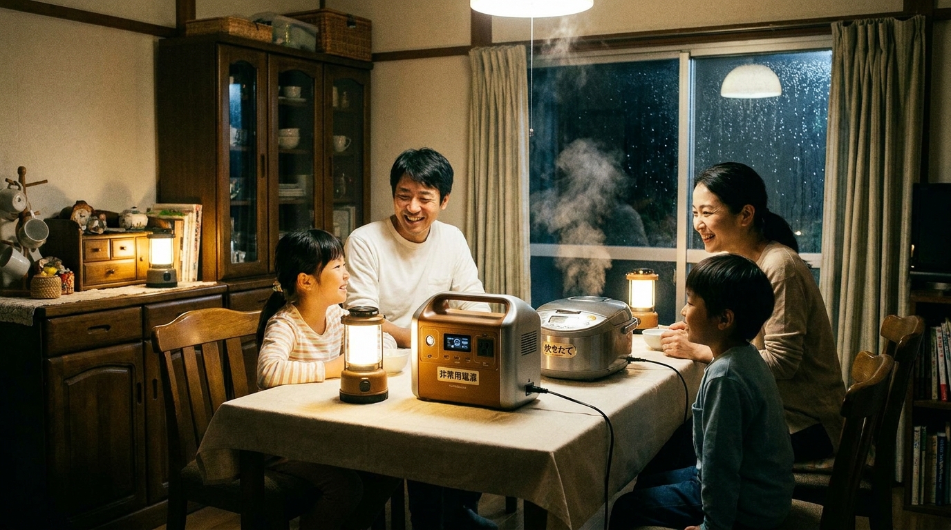 停電時にポータブル電源で炊いた温かいご飯を家族で囲むイメージ