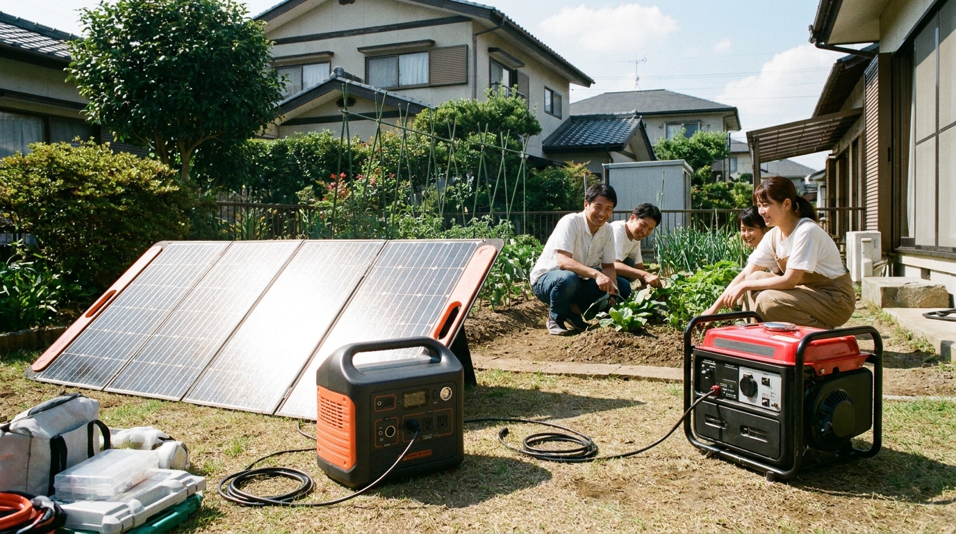 ポータブル電源とソーラーと発電機を併用するハイブリッド運用のイメージ