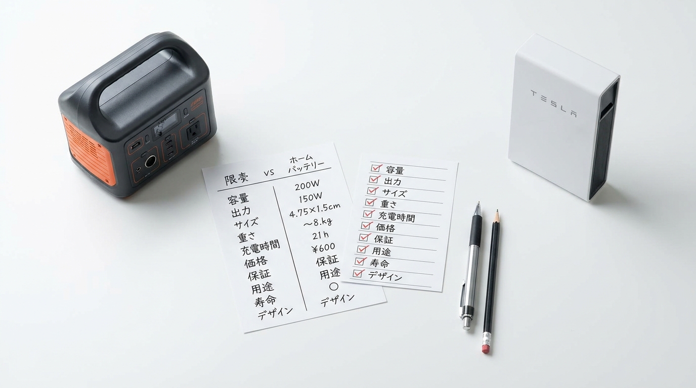 ポータブル電源と家庭用蓄電池を10項目で比較した表のイメージ