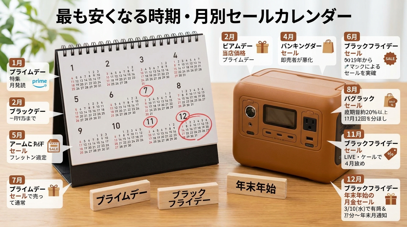 ポータブル電源が一年で最も安くなる時期を示す月別セールカレンダーのイメージ