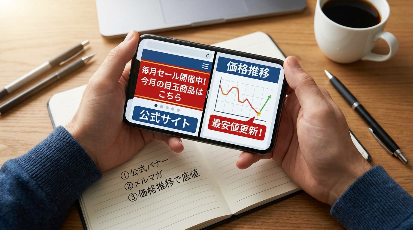 スマホとパソコンでポータブル電源のセール価格と価格推移を調べる手順のイメージ
