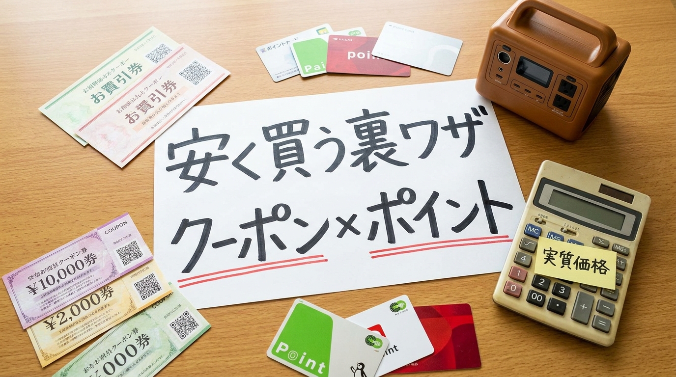 型落ちや整備済品、セット割などポータブル電源を安く買う裏ワザのイメージ