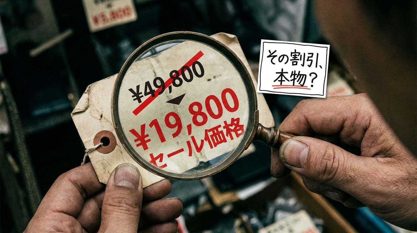 元値を水増しした二重価格の偽セールを見抜くポイントを示すイメージ