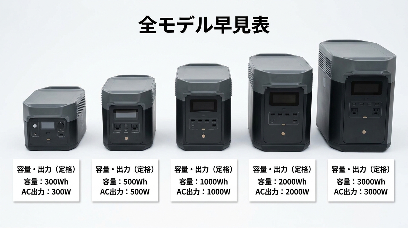 EcoFlow DELTA 3シリーズ全モデルを容量順に並べた比較イメージ