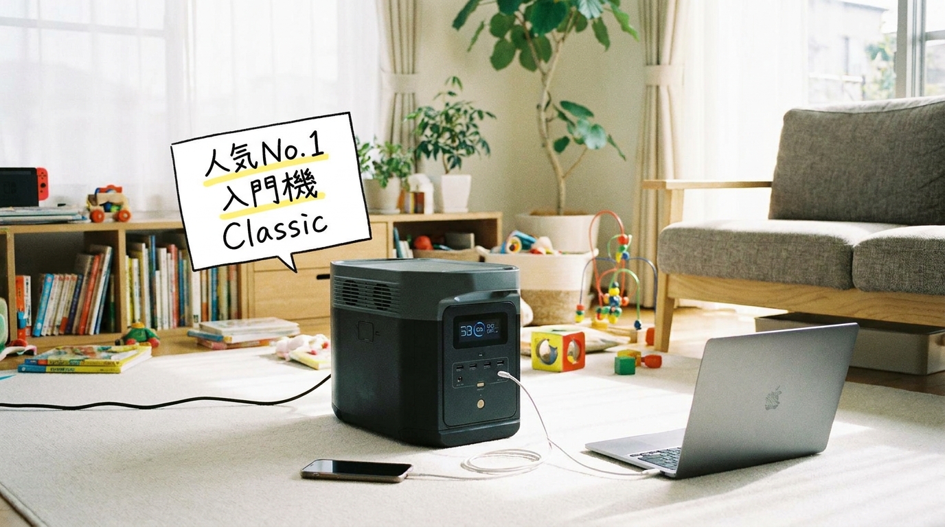 キャンプサイトでDELTA 3 Classicから家電に給電している実写風イメージ