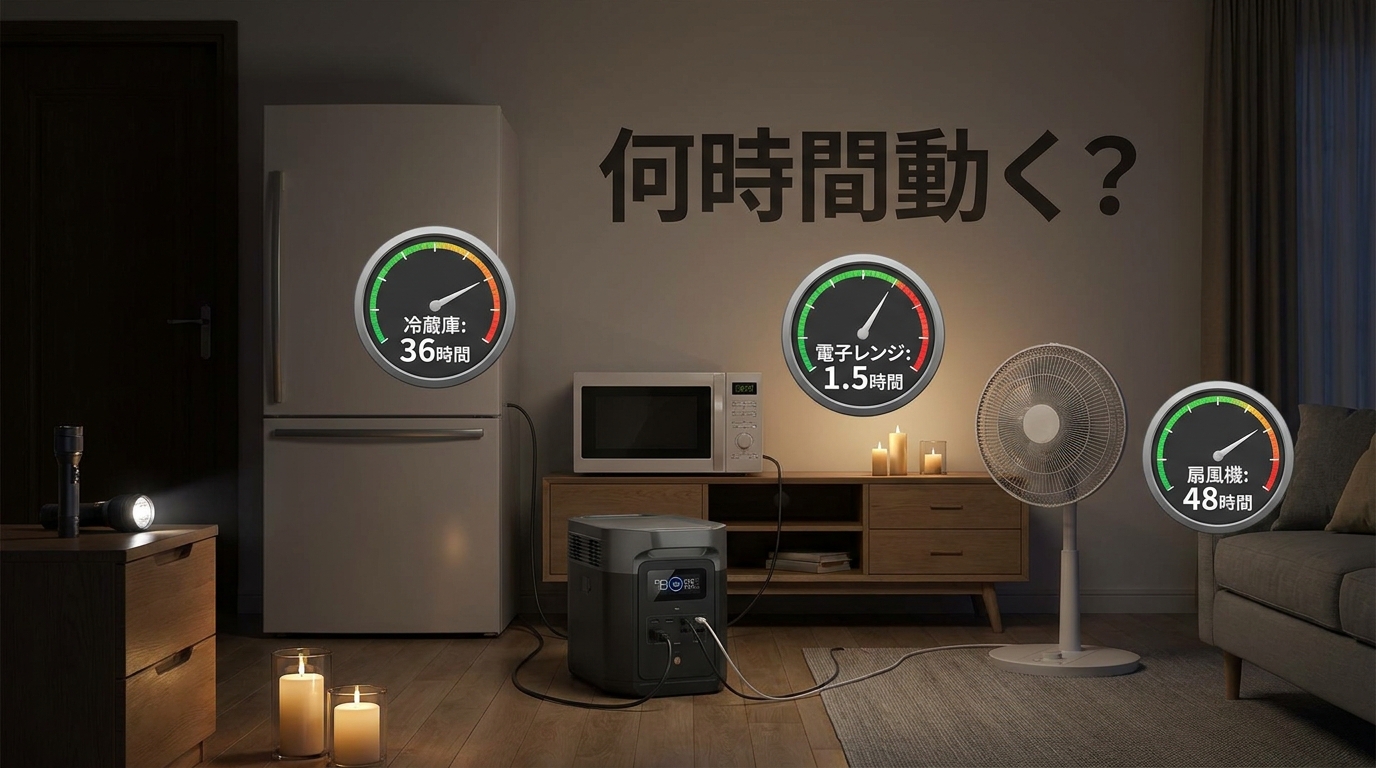 冷蔵庫や電子レンジなど家電別にどれだけ使えるかを示すインフォグラフィック風イメージ