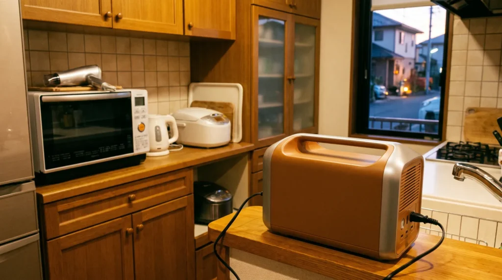 ポータブル電源1500Wにつないで使うドライヤー・電子レンジ・電気ケトル・炊飯器が並ぶキッチンのイメージ